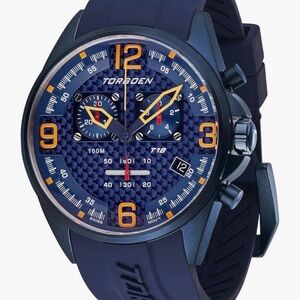 Torgoen Blue Chronograph Watch with Orange Accents